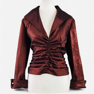 Vintage Tadashi Brown Satin Ruched Long Sleeve Blouse Size 14P Made USA